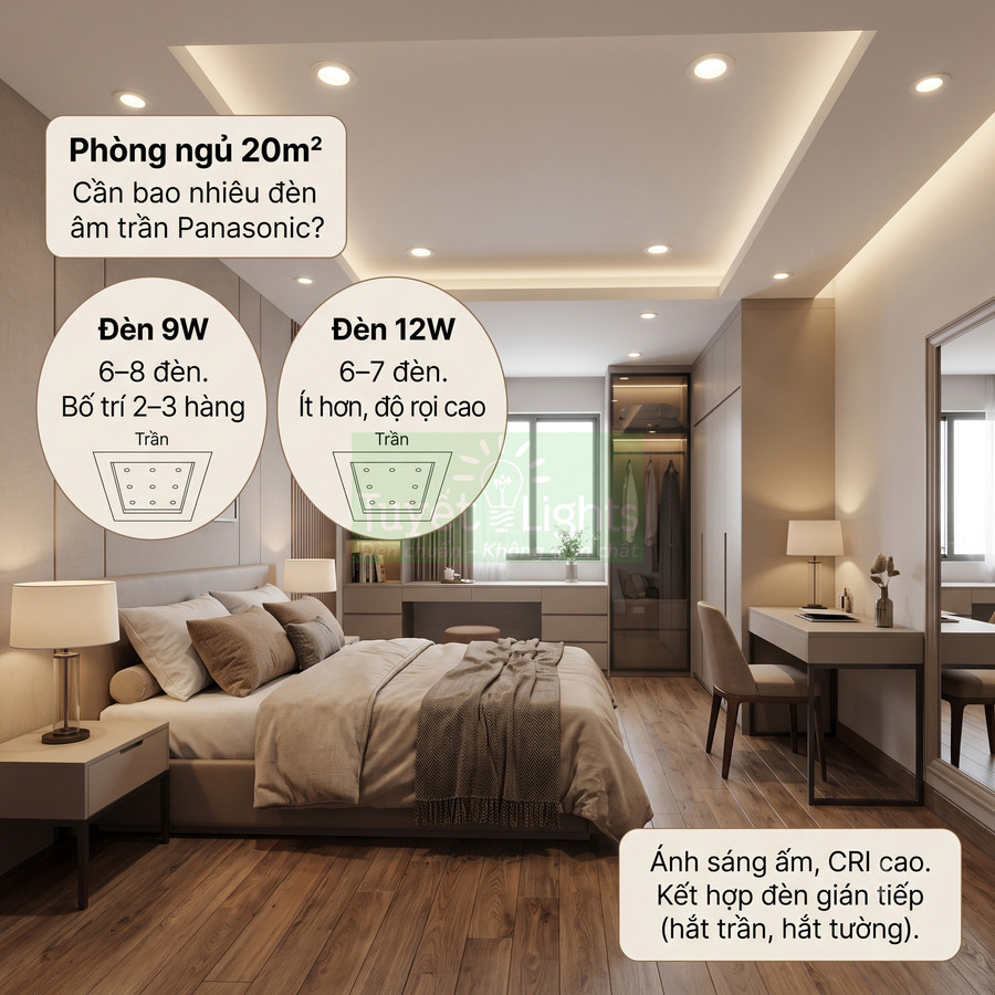 Phòng ngủ 20m2 lắp đèn âm trần Panasonic 9W và 12W ánh sáng vàng, bố trí đều trên trần hiện đại