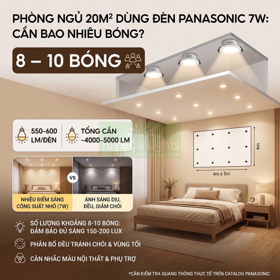 Phòng ngủ 20m2 lắp khoảng 8 đến 10 bóng đèn LED Panasonic 7W ánh sáng vàng dịu