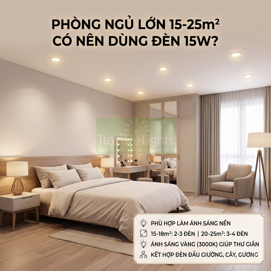 Phòng ngủ hiện đại 15 25m2 sử dụng nhiều đèn LED âm trần 15W ánh sáng vàng thư giãn