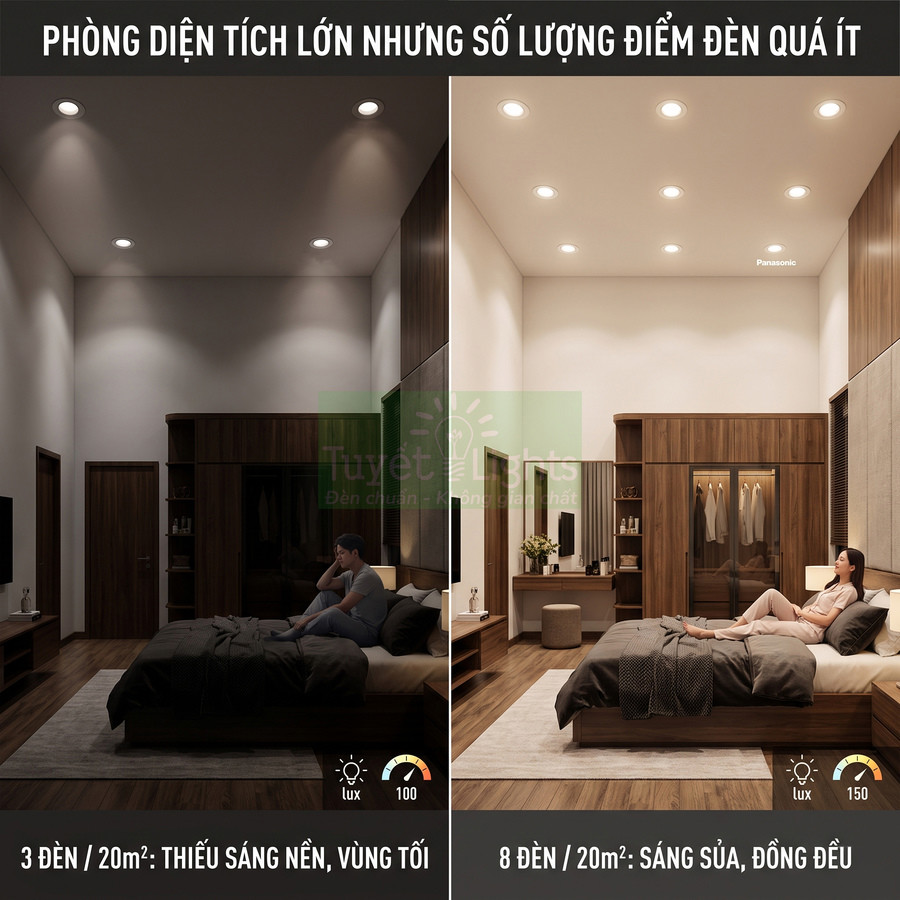 So sánh phòng ngủ dùng 3 đèn âm trần và 8 đèn âm trần Panasonic, minh họa độ sáng tối và phân bổ ánh sáng