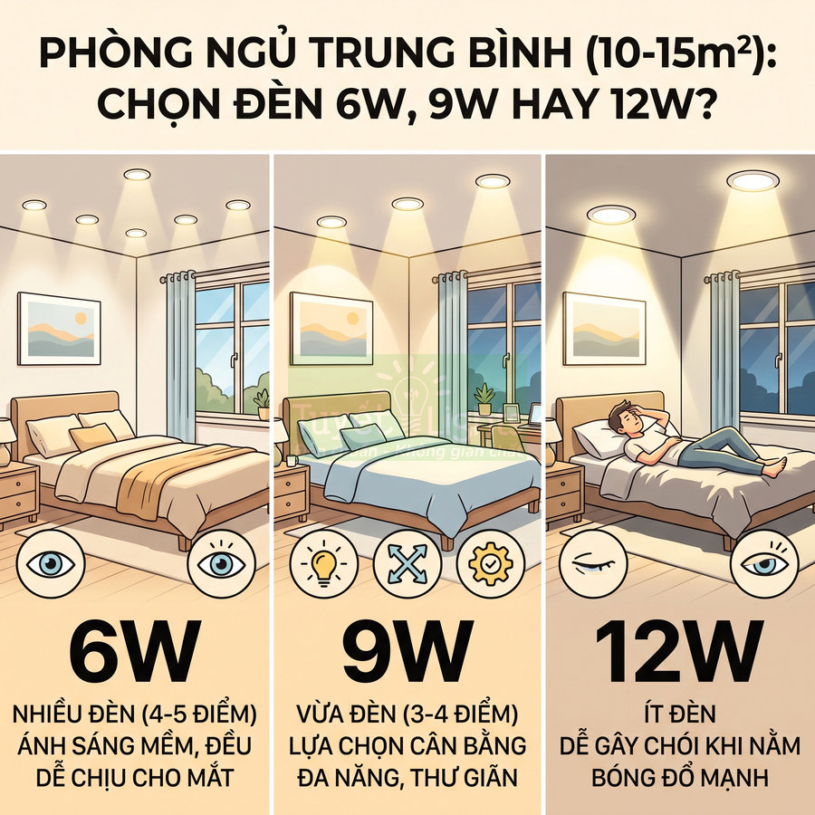 So sánh đèn trần 6W 9W 12W cho phòng ngủ 10 đến 15m2 với minh họa độ sáng và số lượng đèn