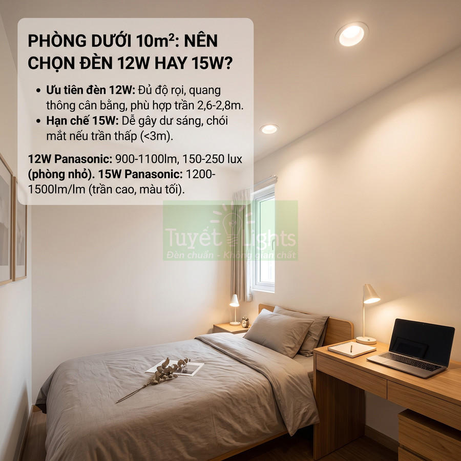 Phòng ngủ nhỏ dùng đèn âm trần Panasonic 12W ánh sáng ấm, bàn làm việc có đèn bàn và laptop
