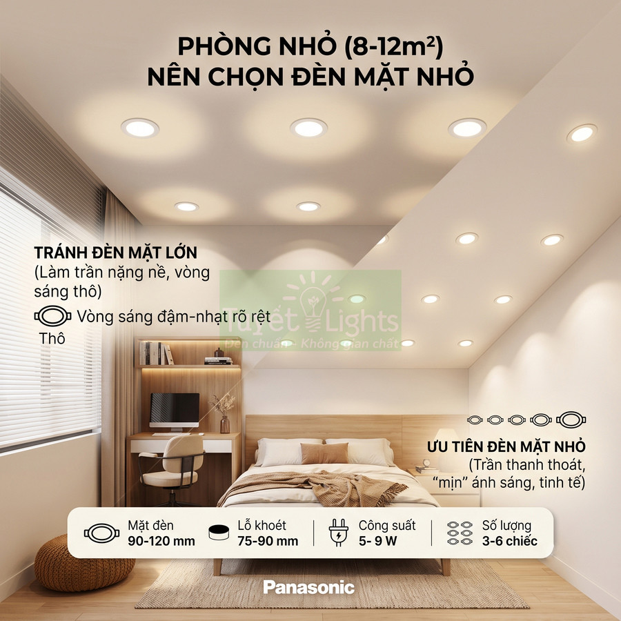 Phòng ngủ nhỏ lắp đèn âm trần Panasonic mặt nhỏ ánh sáng vàng ấm, bố trí đều trên trần tạo không gian hiện đại