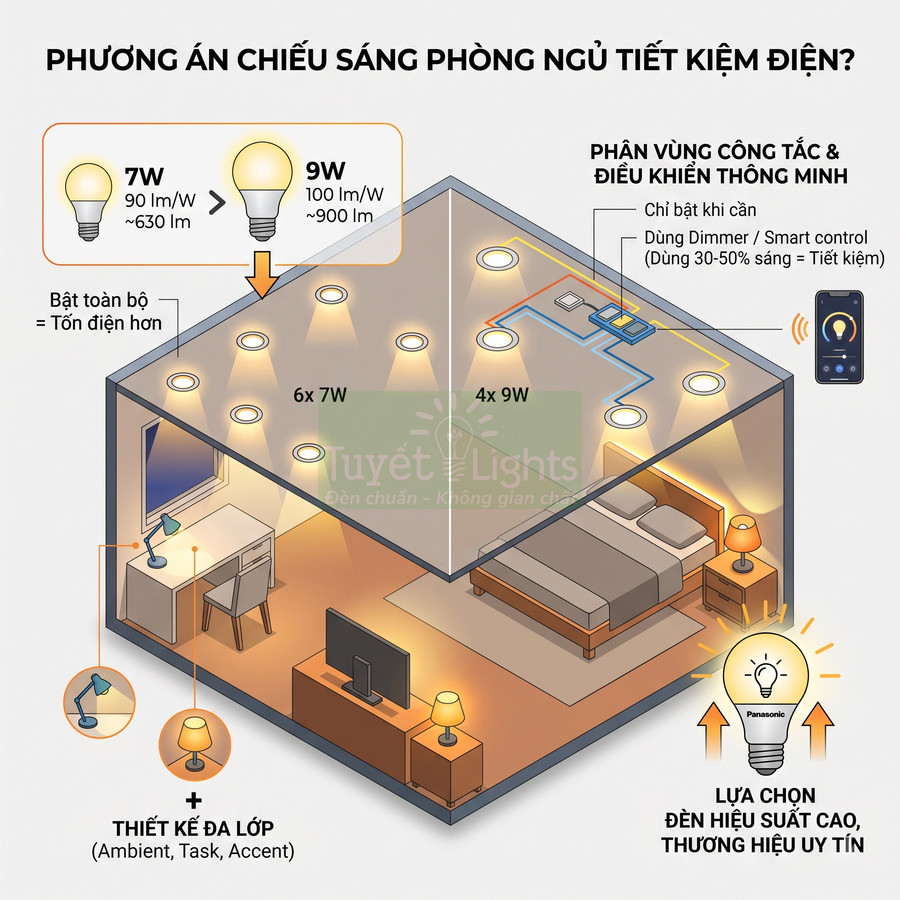 Sơ đồ bố trí đèn LED Panasonic tiết kiệm điện cho phòng ngủ với đèn âm trần và đèn bàn, đèn ngủ