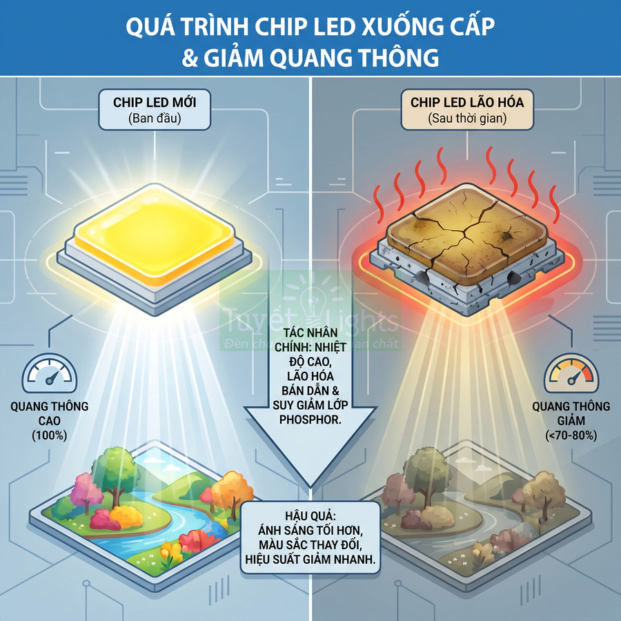 Quá trình chip LED mới xuống cấp thành chip LED lão hóa làm giảm quang thông và chất lượng ánh sáng