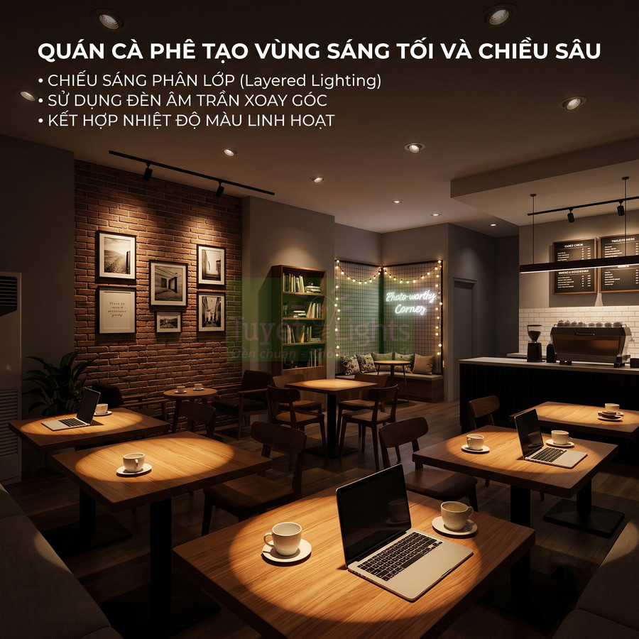 Quán cà phê ấm cúng với bàn gỗ, laptop và đèn âm trần tạo vùng sáng tối và chiều sâu
