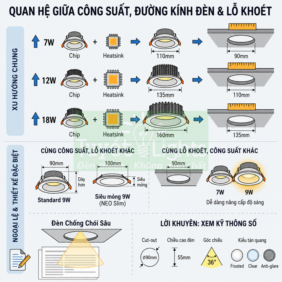 Sơ đồ quan hệ công suất, đường kính đèn và lỗ khoét cho các loại đèn LED âm trần 7W 9W 12W 18W