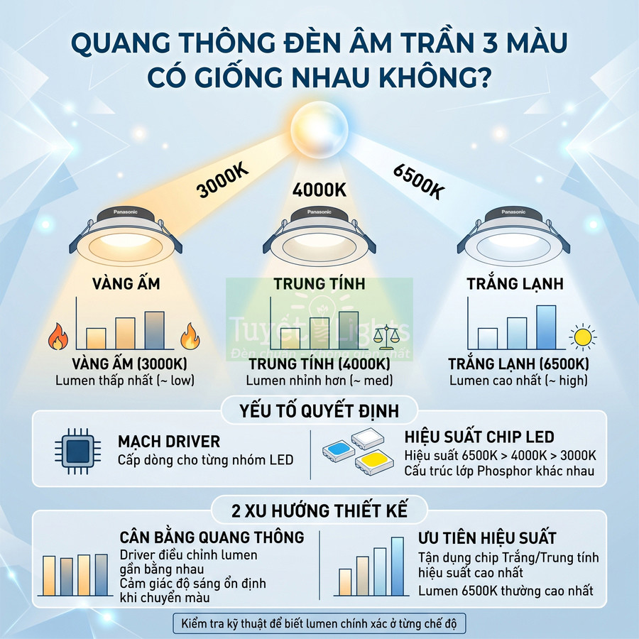 So sánh quang thông đèn âm trần Panasonic 3 màu 3000K 4000K 6500K và các yếu tố quyết định độ sáng