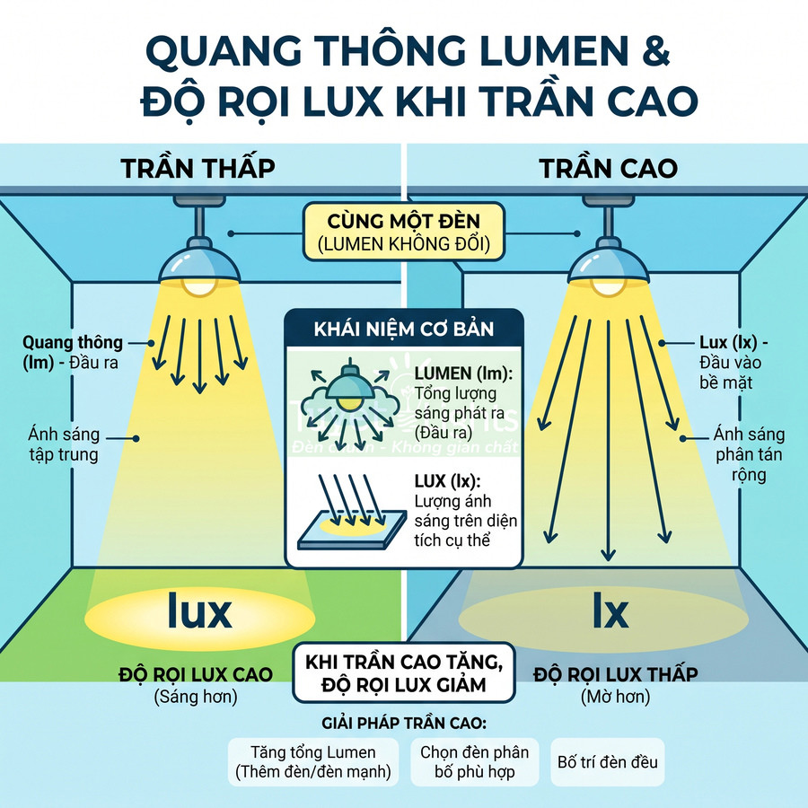 Minh họa so sánh độ rọi lux và quang thông lumen của đèn trần thấp và trần cao trong phòng