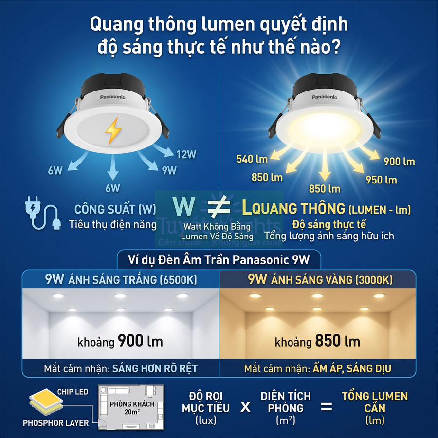 Đèn âm trần Panasonic 9W so sánh quang thông lumen và công suất, ánh sáng trắng và vàng cho phòng khách