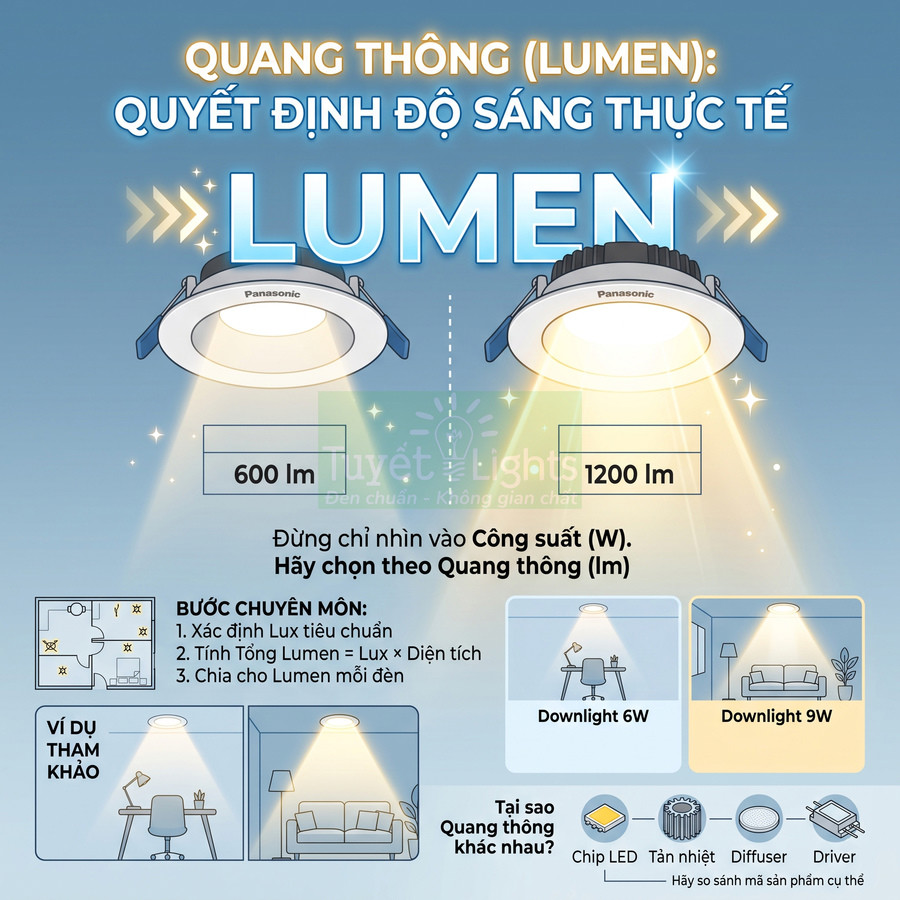 Đèn downlight Panasonic so sánh quang thông 600 lm và 1200 lm, hướng dẫn chọn độ sáng theo lumen