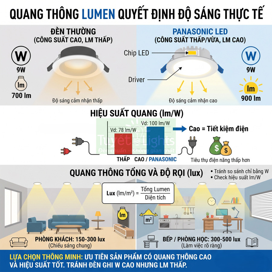 So sánh đèn LED Panasonic 9W quang thông 900 lm với đèn thường 9W 700 lm về độ sáng và tiết kiệm điện