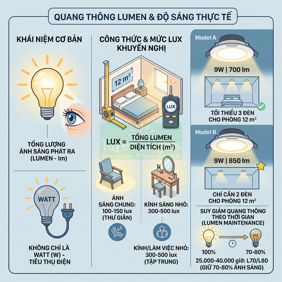 Infographic quang thông lumen độ sáng thực tế và so sánh đèn LED âm trần Panasonic cho phòng 12m2