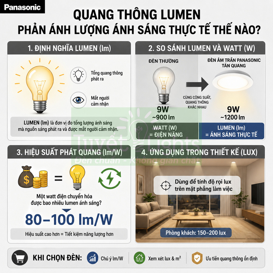 Infographic Panasonic giải thích quang thông lumen, so sánh đèn âm trần Panasonic với đèn thường và ứng dụng chiếu sáng phòng khách