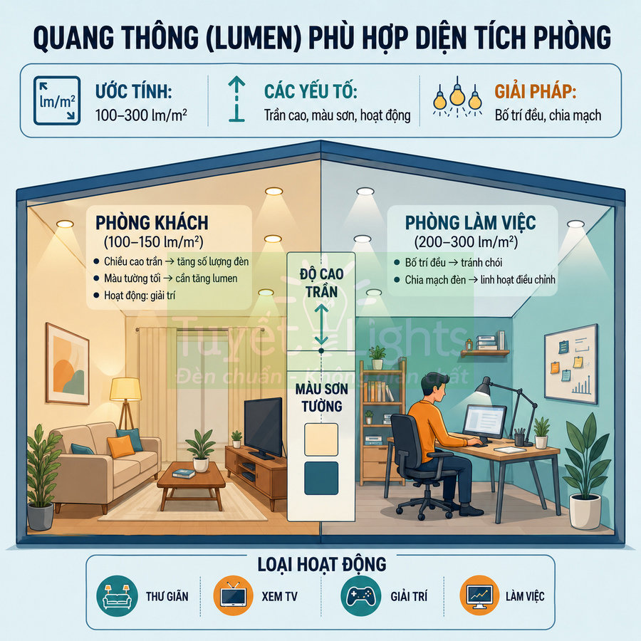Minh họa phòng khách và phòng làm việc với bố trí đèn LED trần tối ưu quang thông lumen theo diện tích phòng