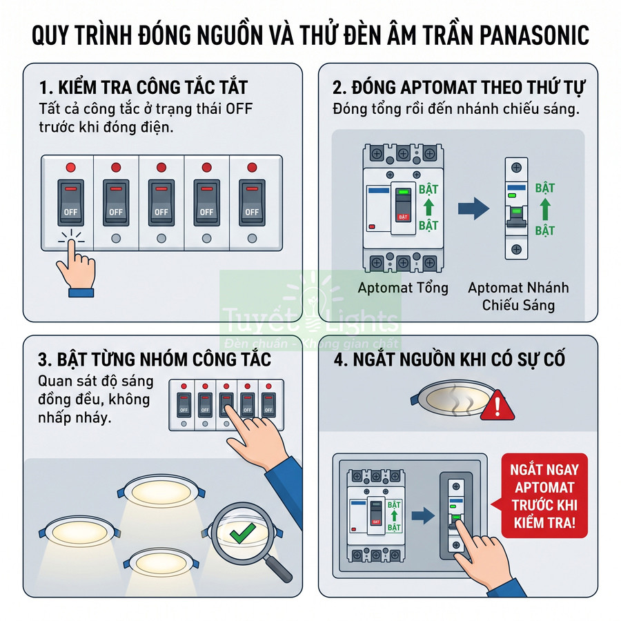 Hướng dẫn quy trình đóng nguồn và thử đèn âm trần Panasonic với công tắc và aptomat an toàn
