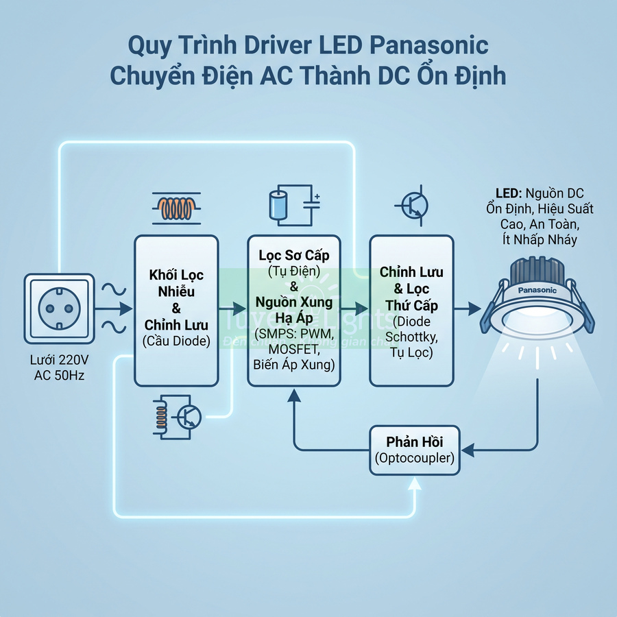 Quy trình driver đèn LED Panasonic chuyển điện AC 220V thành nguồn DC ổn định cho bóng đèn