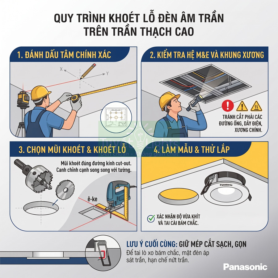 Quy trình khoét lỗ lắp đèn âm trần Panasonic trên trần thạch cao với các bước minh họa chi tiết