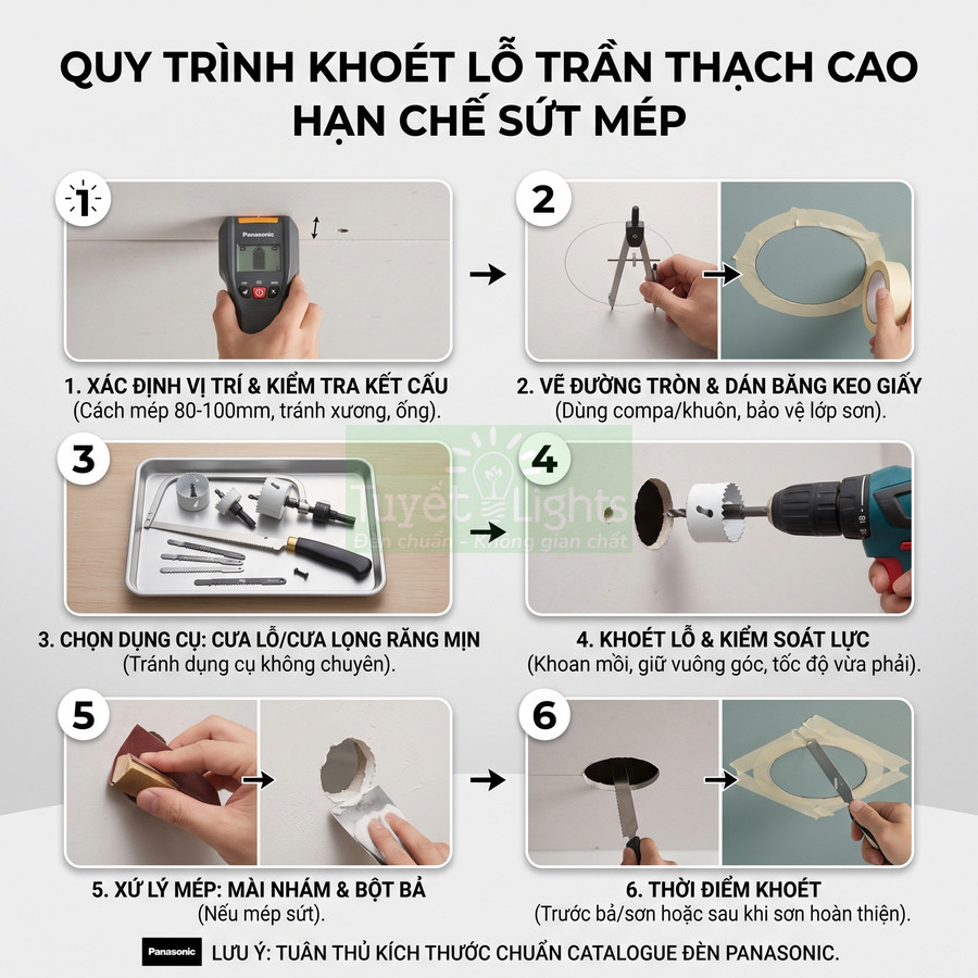 Quy trình khoét lỗ trần thạch cao lắp đèn Panasonic với dụng cụ khoan và xử lý mép lỗ mịn