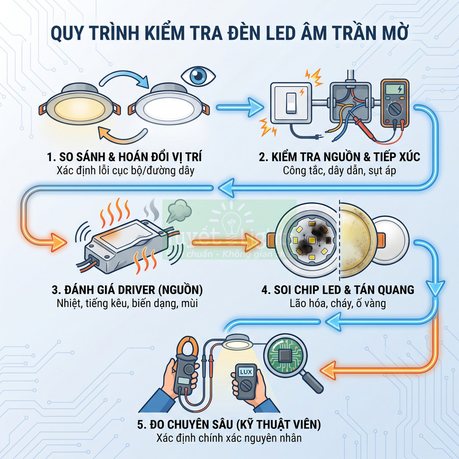 Quy trình kiểm tra và đánh giá đèn LED âm trần, từ nguồn, driver đến chip LED và độ sáng