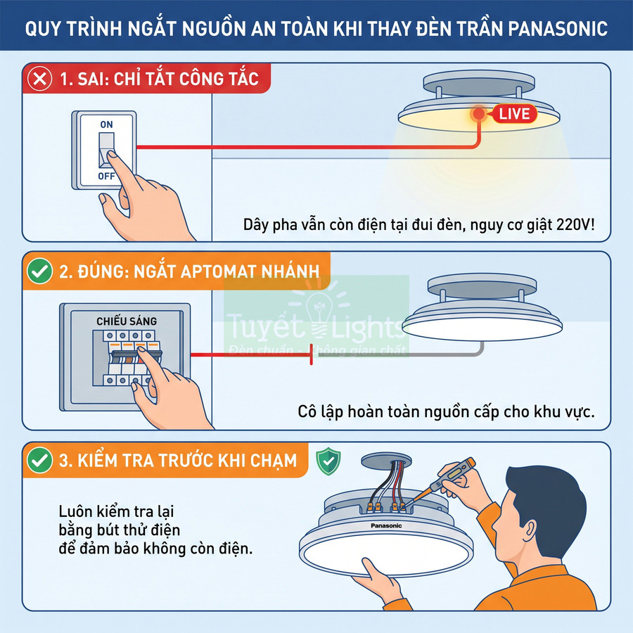 Hướng dẫn an toàn ngắt nguồn và thay đèn trần Panasonic bằng aptomat và bút thử điện
