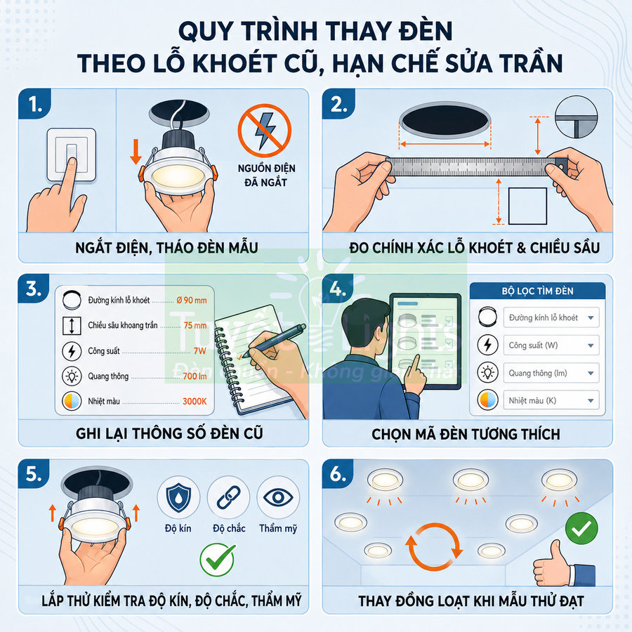 Quy trình thay đèn âm trần theo lỗ khoét cũ, đo kích thước và chọn mẫu đèn LED tương thích