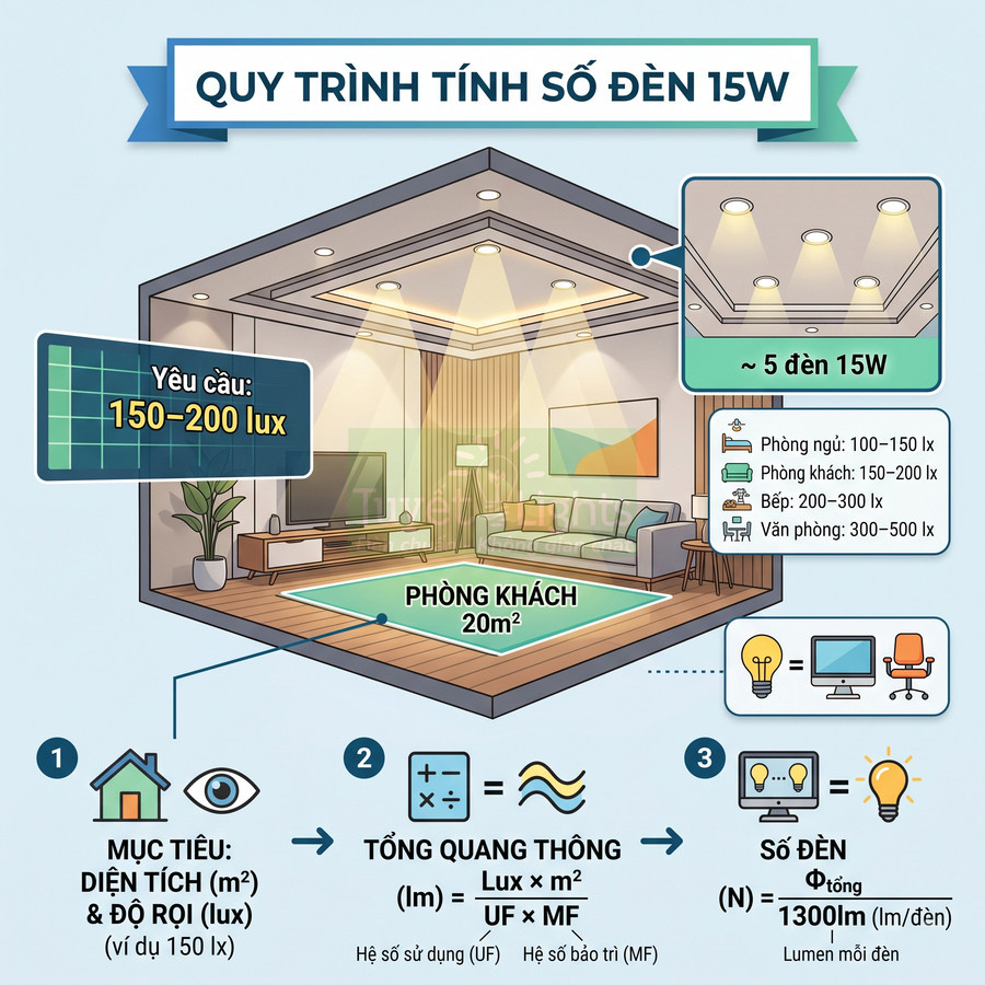 Quy trình tính số đèn LED 15W cho phòng khách 20m2 đạt 150 đến 200 lux