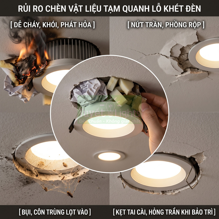 Đèn âm trần tròn trên trần thạch cao bị nhét vật liệu xung quanh gây cháy nổ, nứt trần và bám bụi côn trùng
