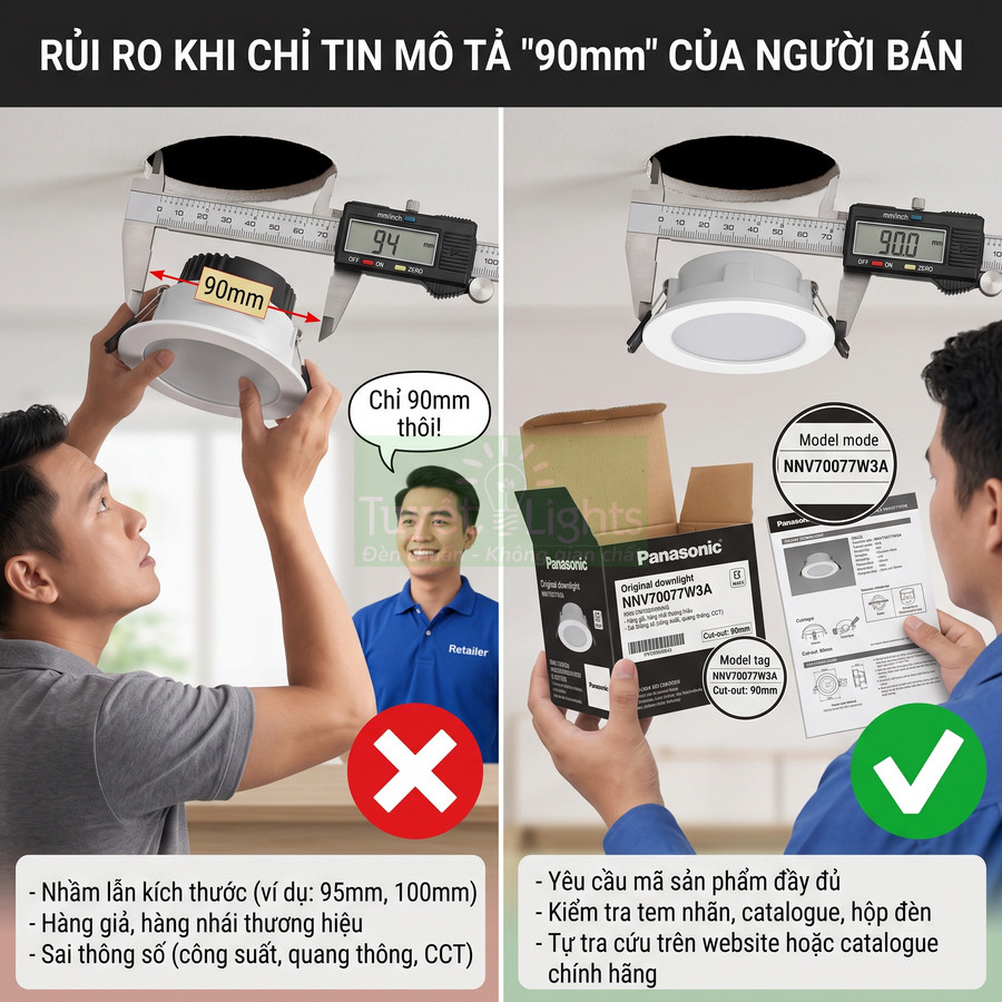 Đèn downlight âm trần Panasonic NNV70077W3A kèm hộp và tem nhãn, hướng dẫn chọn đúng kích thước 90mm