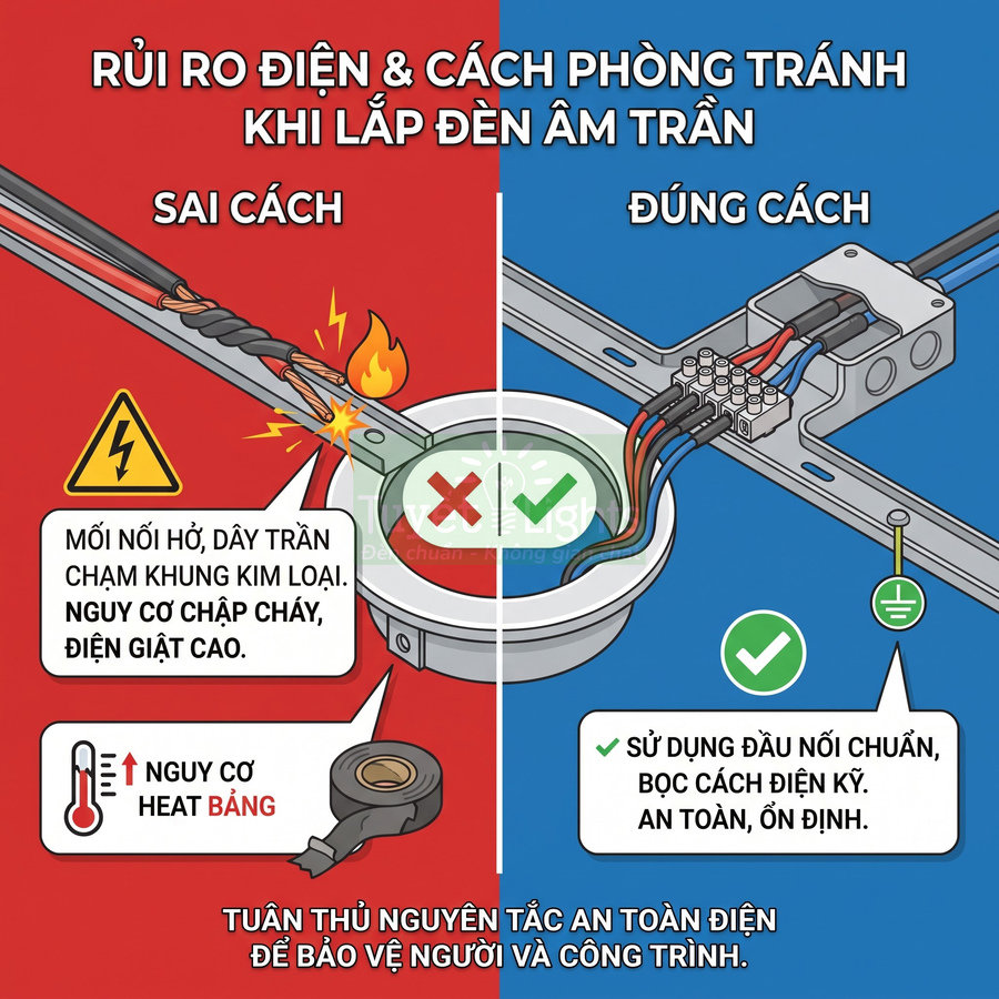 Hướng dẫn lắp đặt đèn âm trần an toàn với đầu nối điện chuẩn, so sánh cách đấu dây sai và đúng