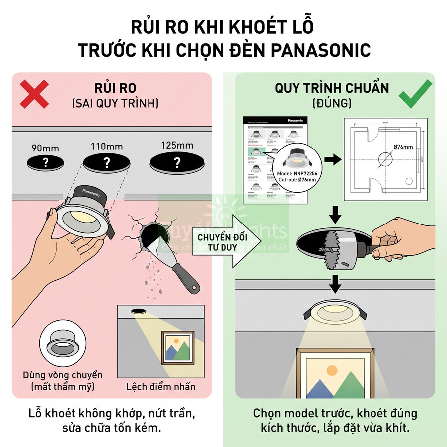 Hướng dẫn chọn đúng model đèn âm trần Panasonic trước khi khoét lỗ trần để lắp vừa khít, tránh sửa chữa tốn kém