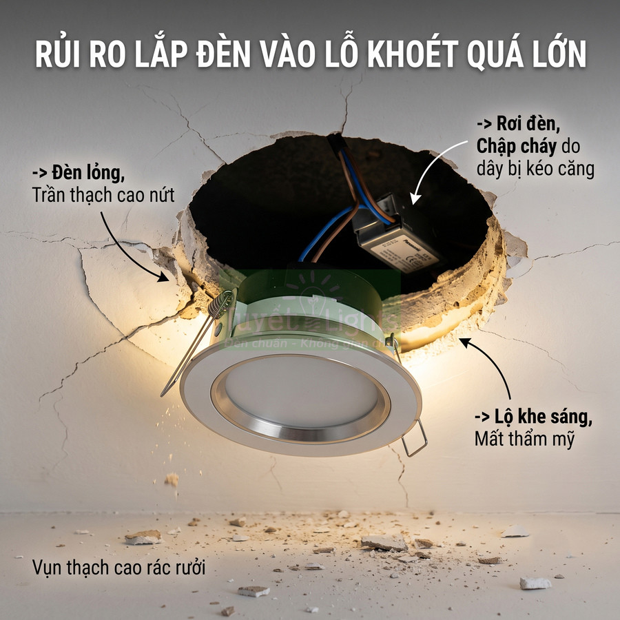 Đèn led âm trần lắp vào lỗ khoét trần thạch cao quá lớn gây nứt vỡ và rơi vụn