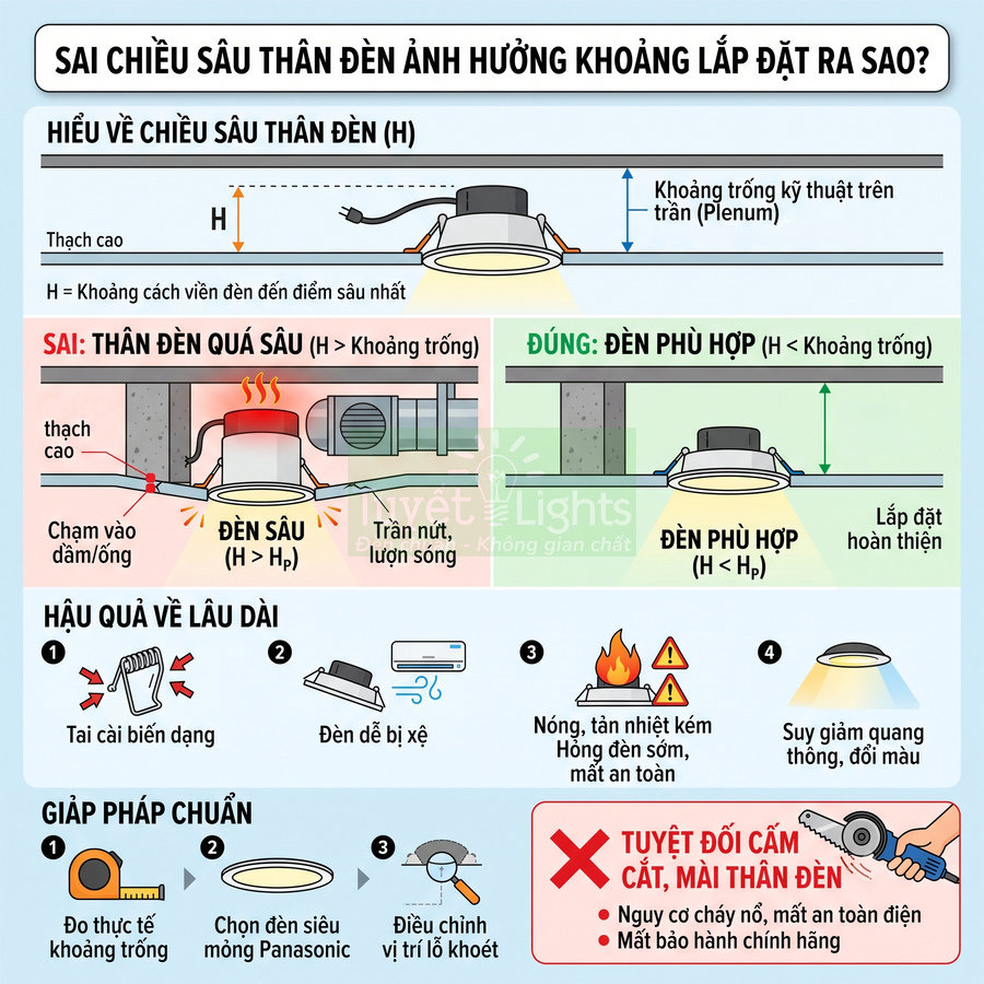 Đèn âm trần siêu mỏng Panasonic và hướng dẫn chọn chiều sâu thân đèn phù hợp với trần thạch cao