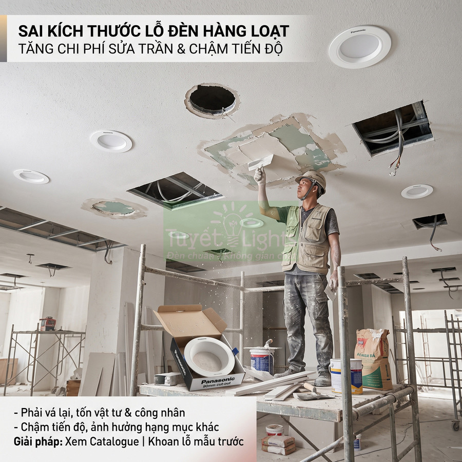 Công nhân sửa trần thạch cao do khoan sai lỗ đèn âm trần Panasonic trong công trình xây dựng
