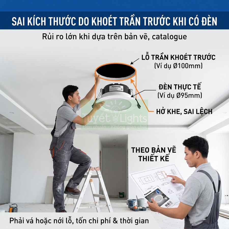 Thợ điện lắp đèn âm trần Panasonic trong phòng đang hoàn thiện, so sánh kích thước lỗ khoét trần với đèn thực tế