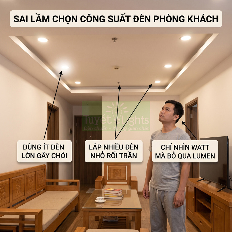 Phòng khách với nhiều đèn trần LED và người đàn ông đang xem xét cách bố trí công suất chiếu sáng