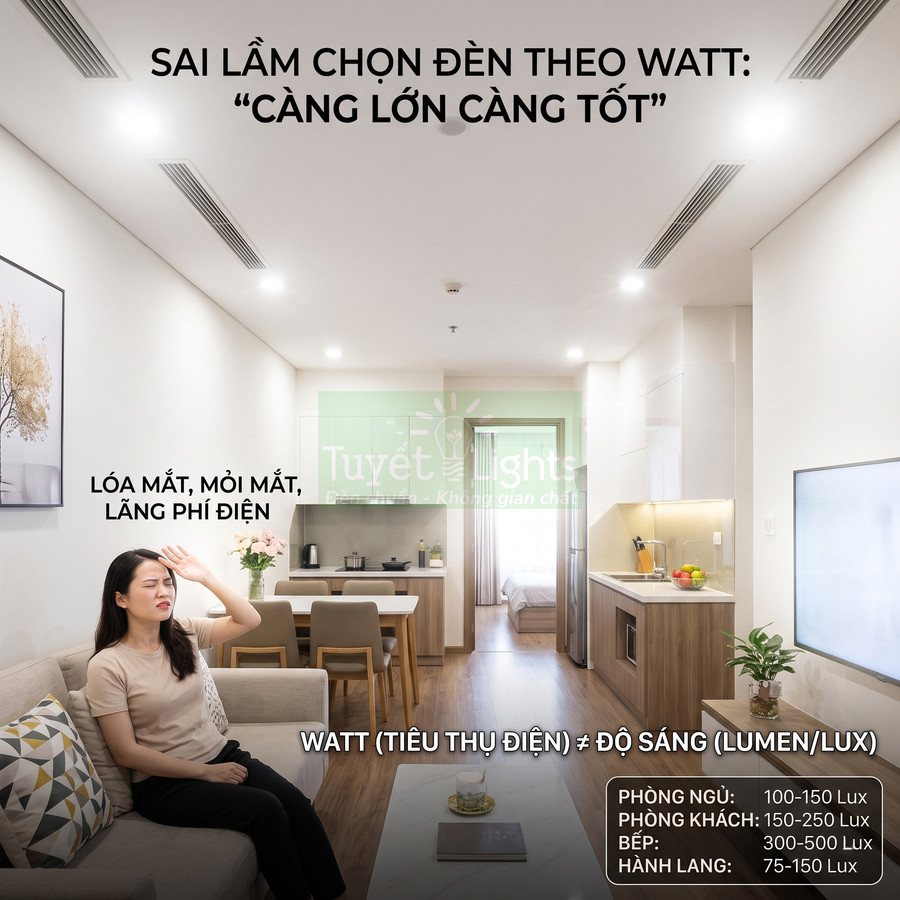 Phòng khách chung cư dùng đèn trần công suất lớn gây chói mắt, minh họa sai lầm chọn đèn theo watt