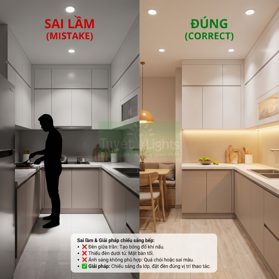 So sánh hệ thống đèn chiếu sáng bếp sai và đúng với đèn âm trần và đèn led hắt tủ bếp