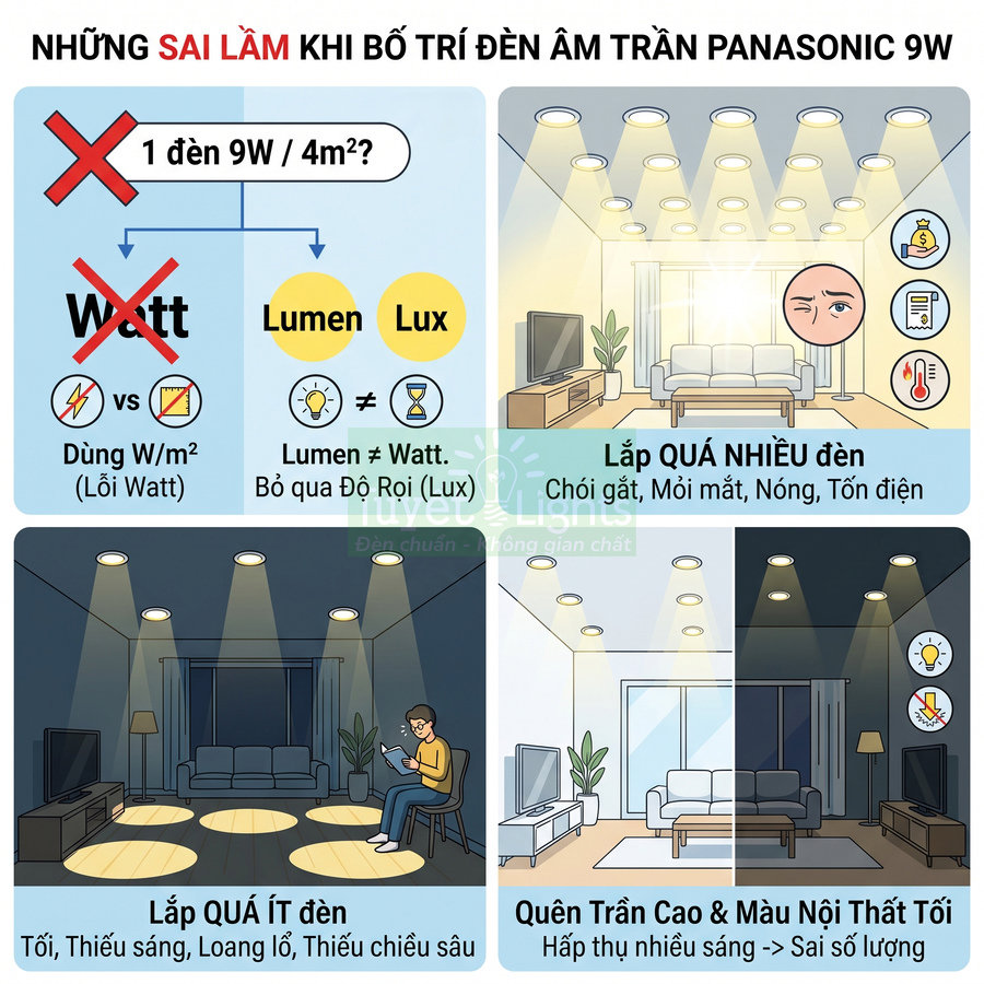 Những sai lầm khi bố trí đèn âm trần Panasonic 9W trong phòng khách và cách chọn số lượng đèn phù hợp