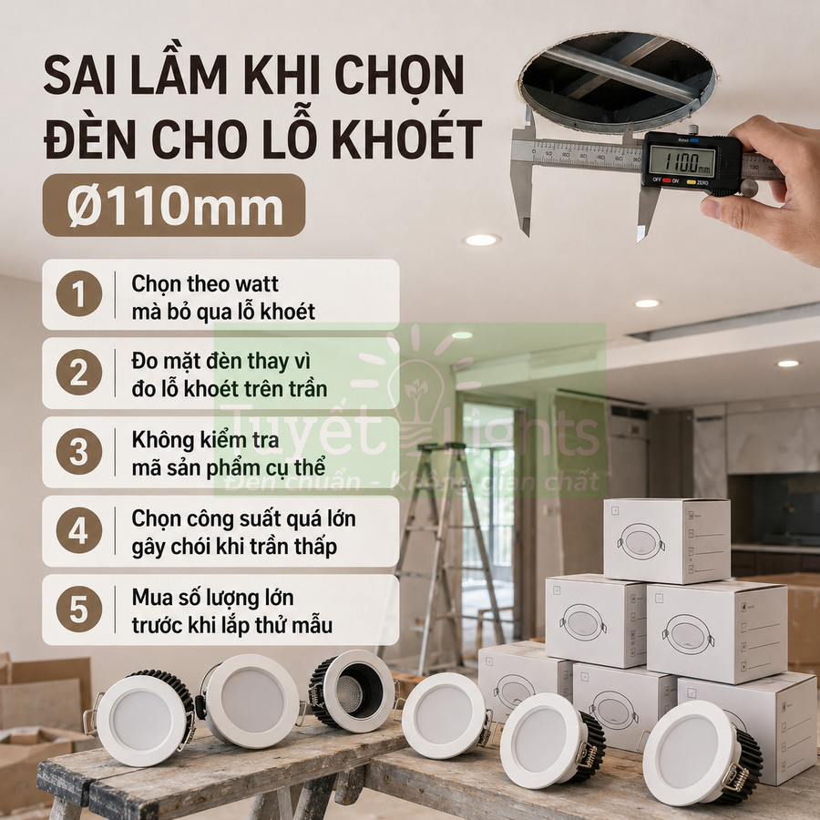 Đèn âm trần tròn Ø110mm Vietlights bày trên bàn cùng hộp sản phẩm trong phòng đang thi công