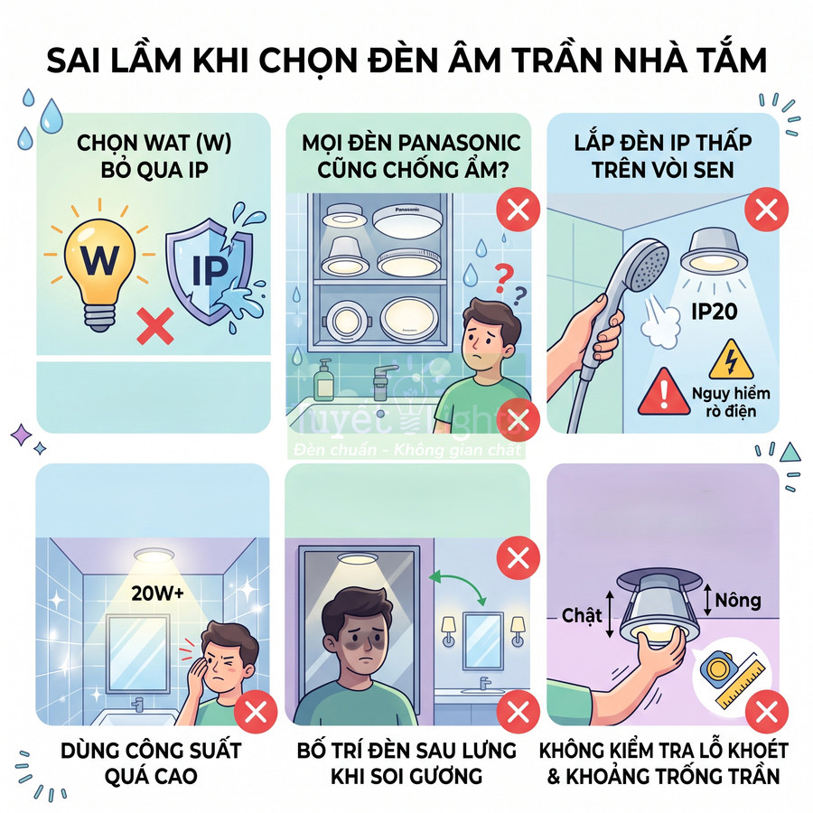 Minh họa các sai lầm khi chọn và lắp đèn âm trần Panasonic trong phòng tắm, cảnh báo chống ẩm và an toàn điện