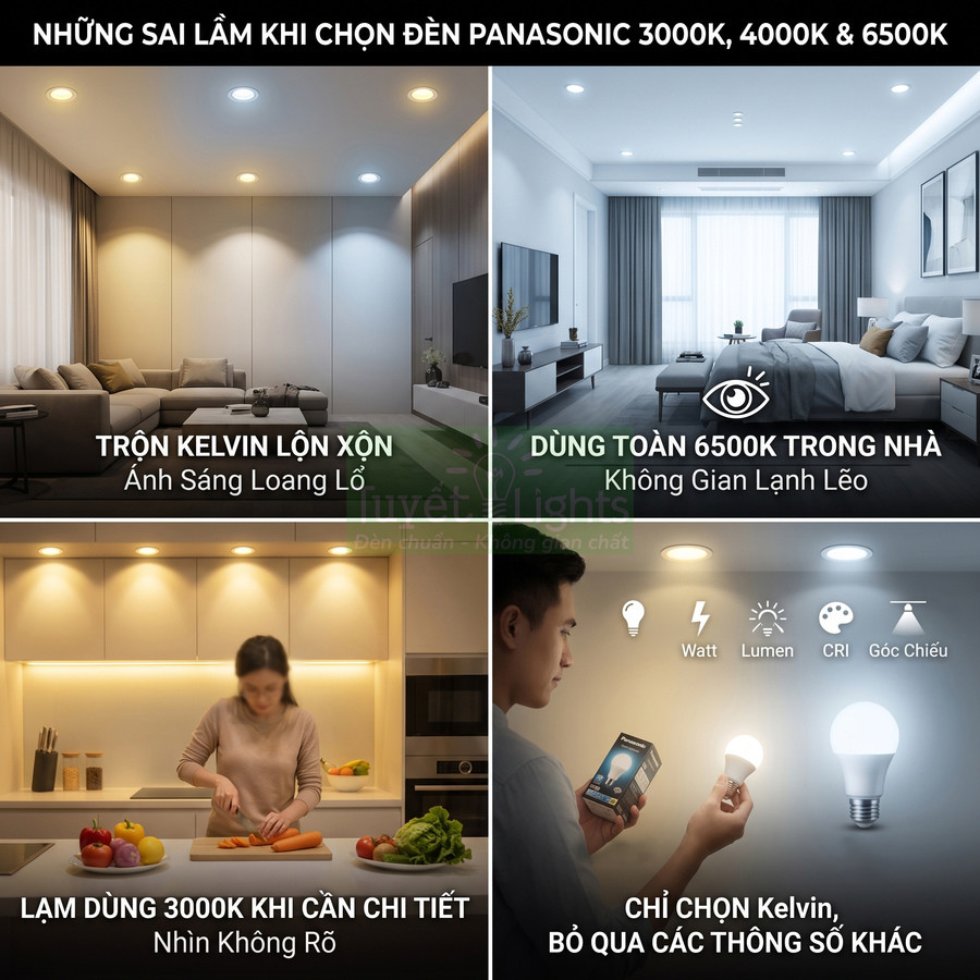 Các lỗi thường gặp khi chọn đèn LED Panasonic 3000K 4000K 6500K cho phòng khách bếp và nhà ở