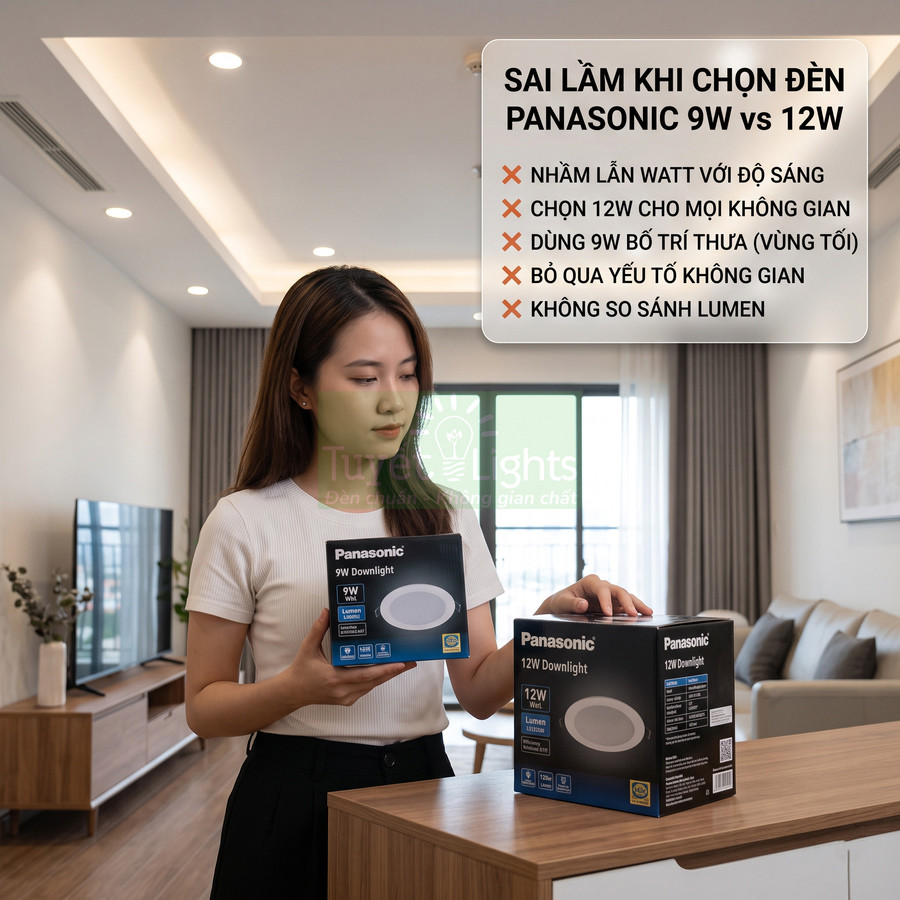 Cô gái trong phòng khách cầm hộp đèn âm trần Panasonic 9W và 12W Downlight trên bàn gỗ