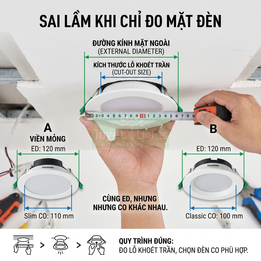 Hướng dẫn đo kích thước đèn âm trần Panasonic, so sánh viền mỏng và viền dày để chọn lỗ khoét trần phù hợp
