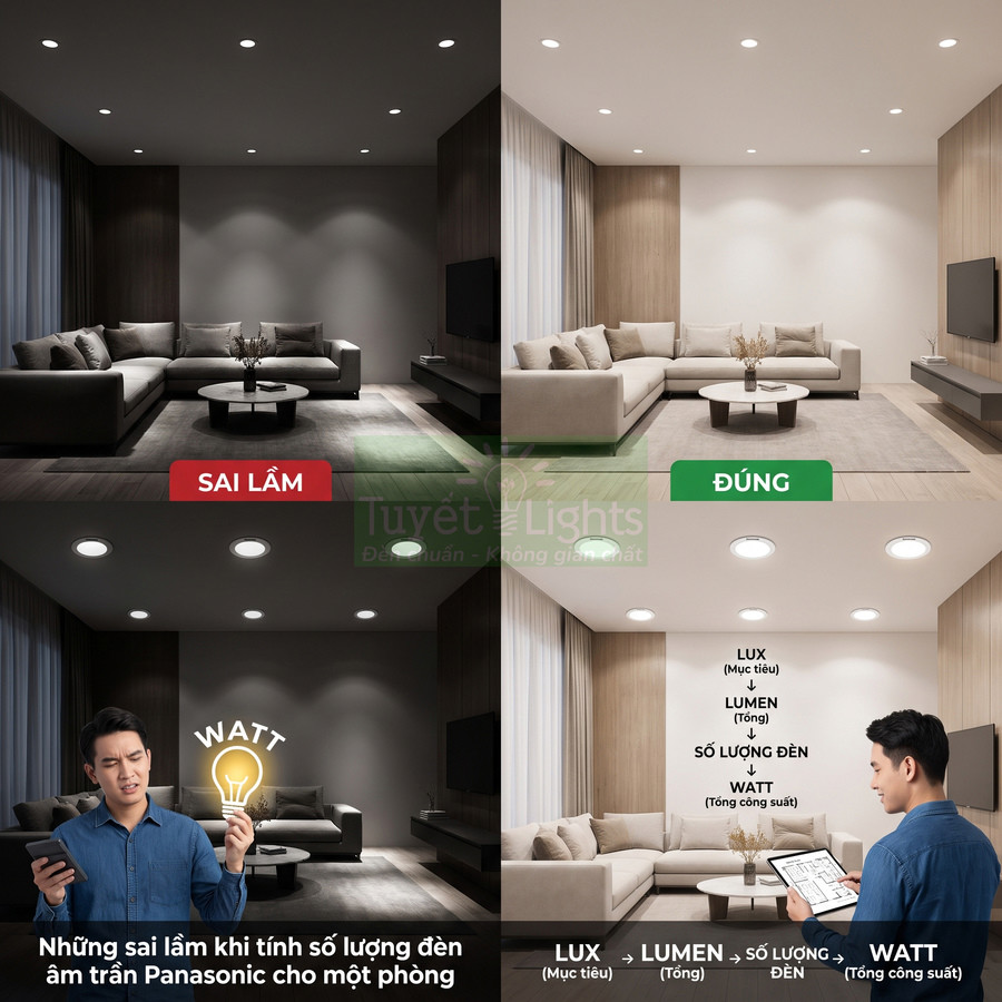 So sánh phòng khách dùng đèn âm trần Panasonic sai và đúng cách tính số lượng, hướng dẫn theo lux lumen watt