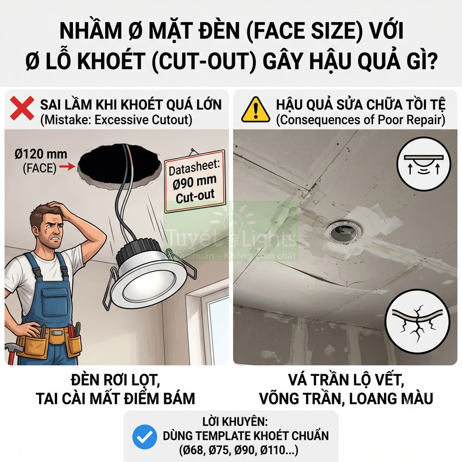 Minh họa hậu quả khoét lỗ trần sai kích thước khi lắp đèn downlight âm trần Tuyết Lights