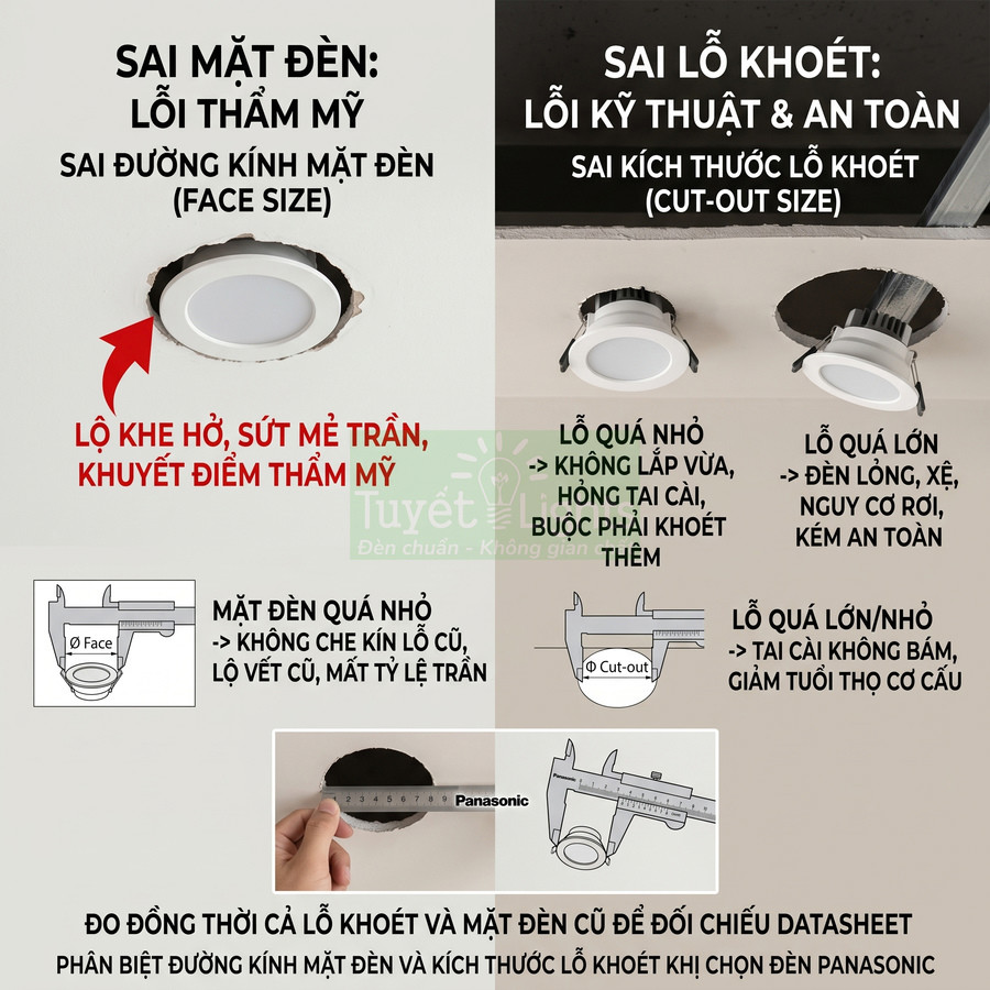 Hướng dẫn chọn đúng kích thước đèn âm trần Panasonic, so sánh lỗi sai mặt đèn và sai lỗ khoét trên trần