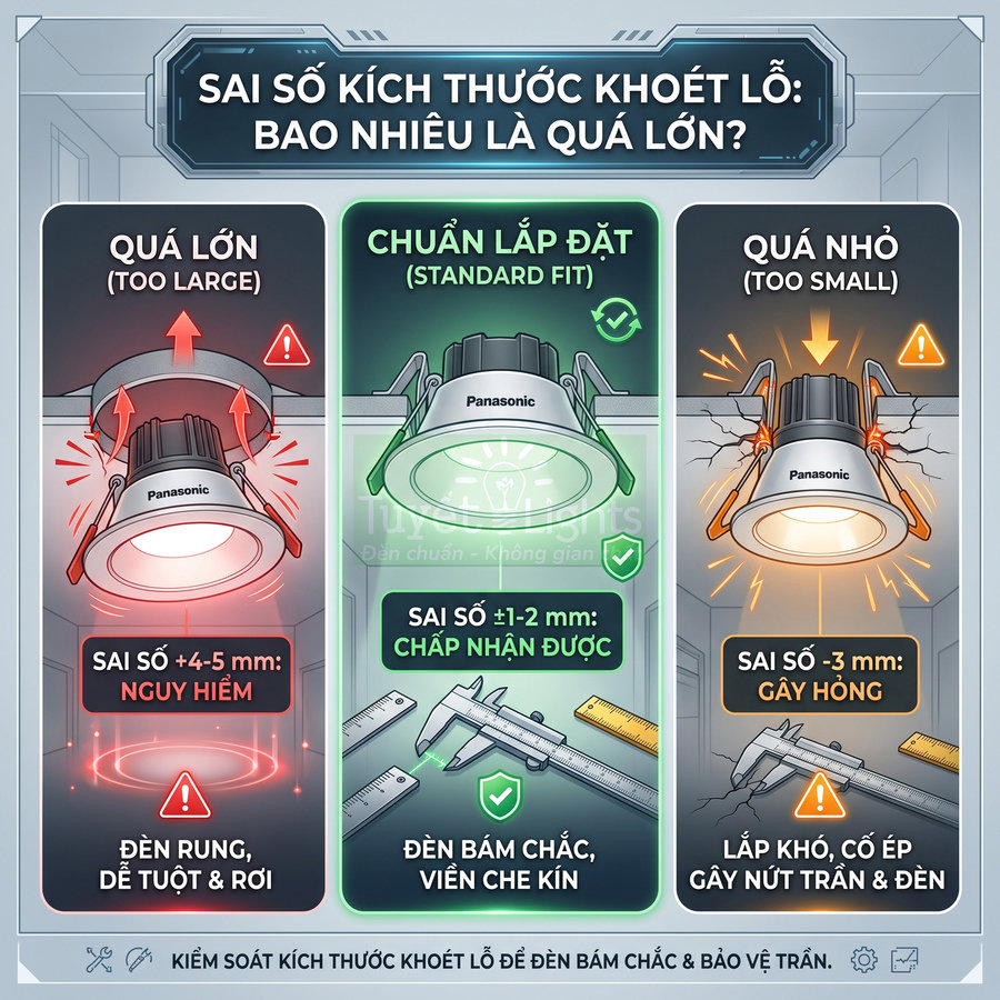 Đèn downlight âm trần Panasonic minh họa sai số kích thước khoét lỗ khi lắp đặt an toàn
