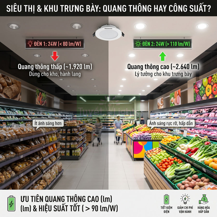 Đèn LED Panasonic chiếu sáng siêu thị, so sánh quang thông thấp và cao cho khu trưng bày hàng hóa