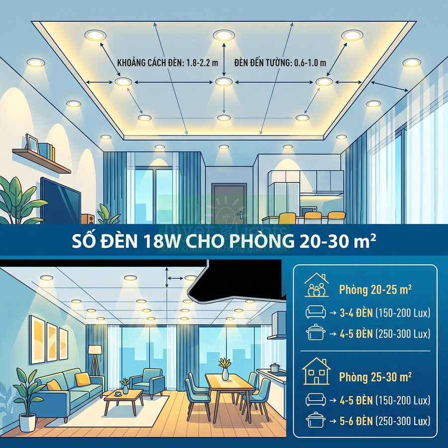 Hướng dẫn bố trí và số lượng đèn LED âm trần 18W cho phòng khách và phòng ăn diện tích 20 đến 30 mét vuông
